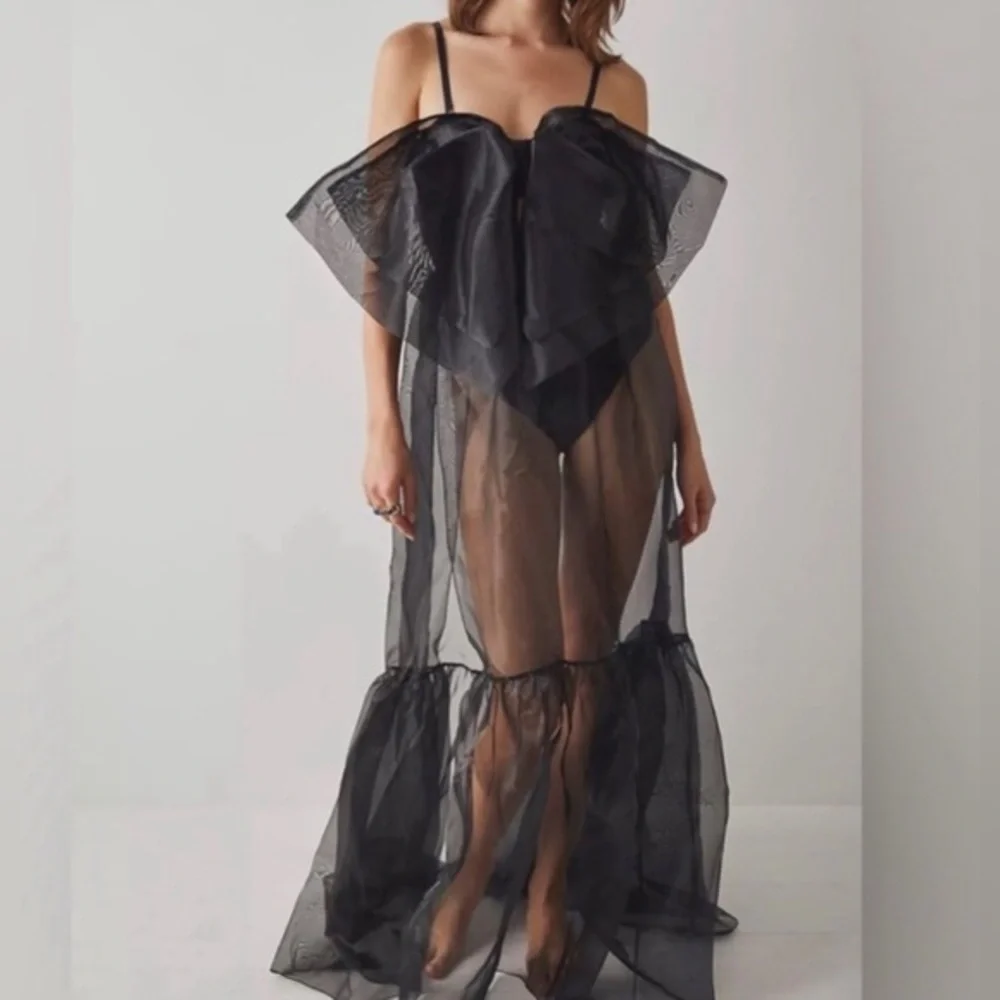 Free People intimately black Someone Say Bows Bodysuit sheer Maxi‎ dress size XS